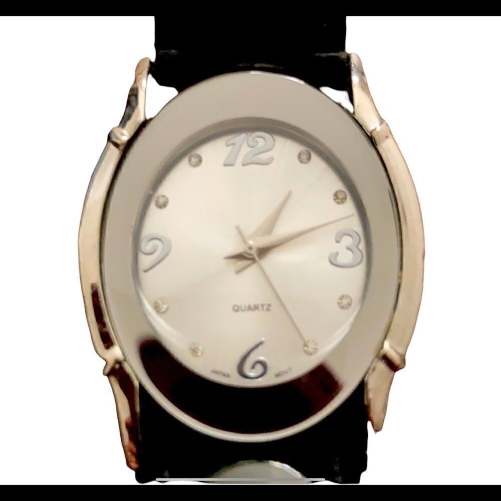 BWC Ladies silver watch. Black Patent strap.
